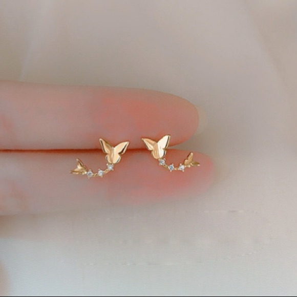 14k Gold Ultra Delicate Dainty Butterflies Ear Climber Zirco Microstud E